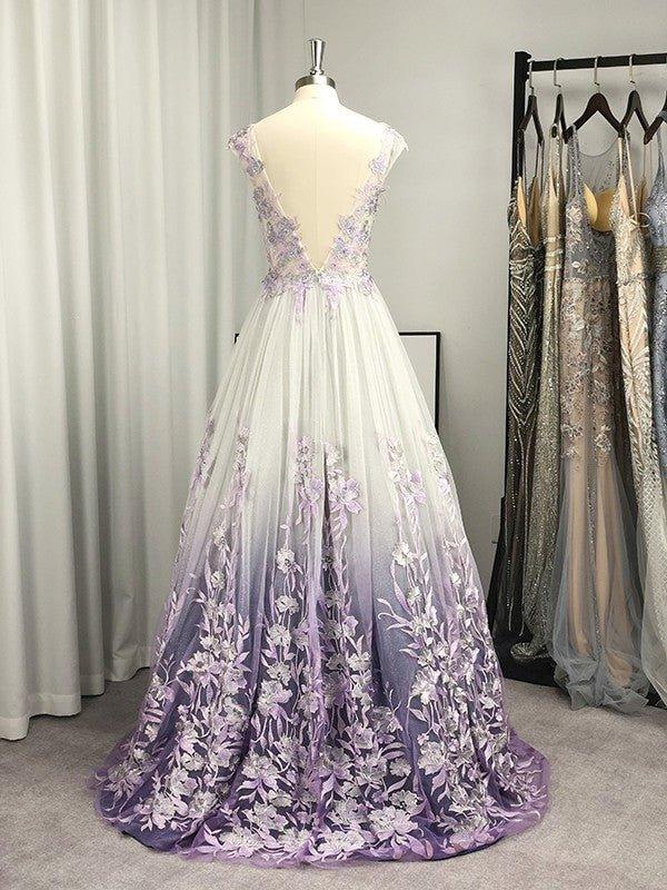 NumberSea - A - Line/Princess V - neck Tulle Applique Sleeveless Floor - Length Dresses