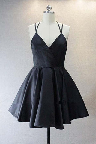 A Live V Neck Satin Short Black Prom Dress Homecoming Dresses