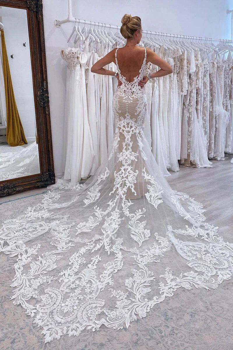 Vestidos de novia sirena escote en V tul encaje con cola