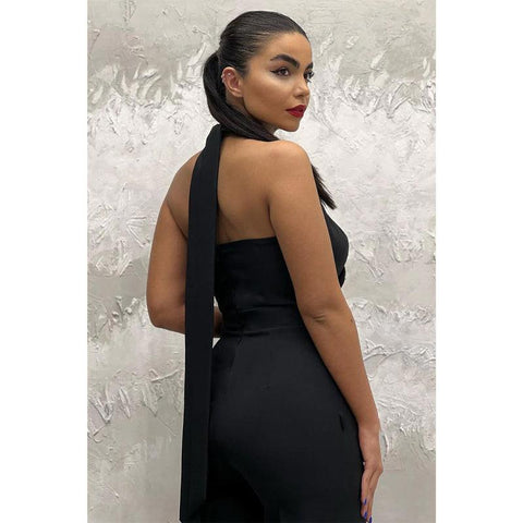 Sheath Cross-halter Formal Pantsuits Black Formal Prom Dress