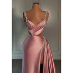 Elegantes und luxuriöses, ärmelloses Etui-/Säulenkleid mit Schlitz und V-Ausschnitt für Abendparty und Ball