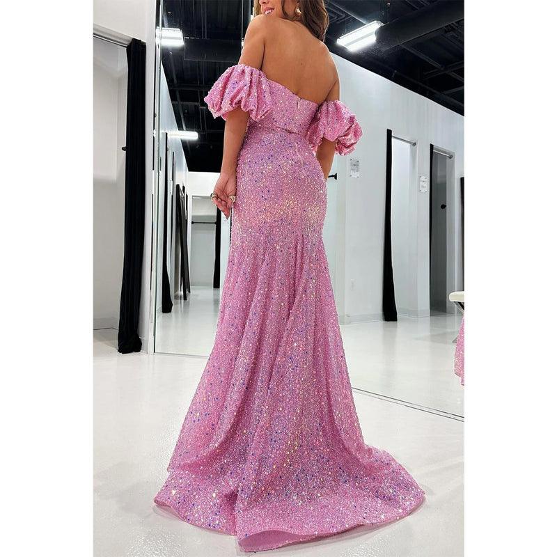 Glitzerndes, schulterfreies, mit Perlen besetztes Puffärmelchen mit seitlichem Schlitz, Party-, Abschlussball- und Abendkleid 