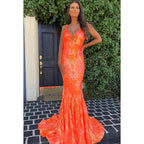 Vestido formal de noche de graduación sin mangas con escote en V, lentejuelas y cremallera, corte trompeta/sirena