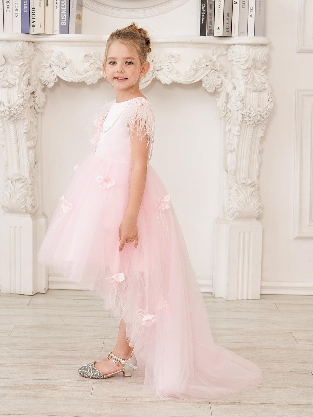 Vestido de princesa sin mangas de tul para niña de las flores con cuentas y lazo de plumas (010224704) 