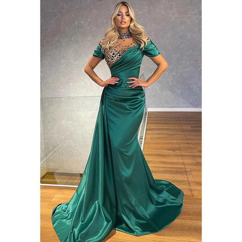 NumberSea-Elegant Luxurious High neck Short Sleeves Mermaid Ruched Formal Prom Dress With Jewel Image Color / 18w NumberSea-Elegant Luxurious High neck Short Sleeves Mermaid Ruched Formal Prom Dress With Jewel Image Color / 18w
