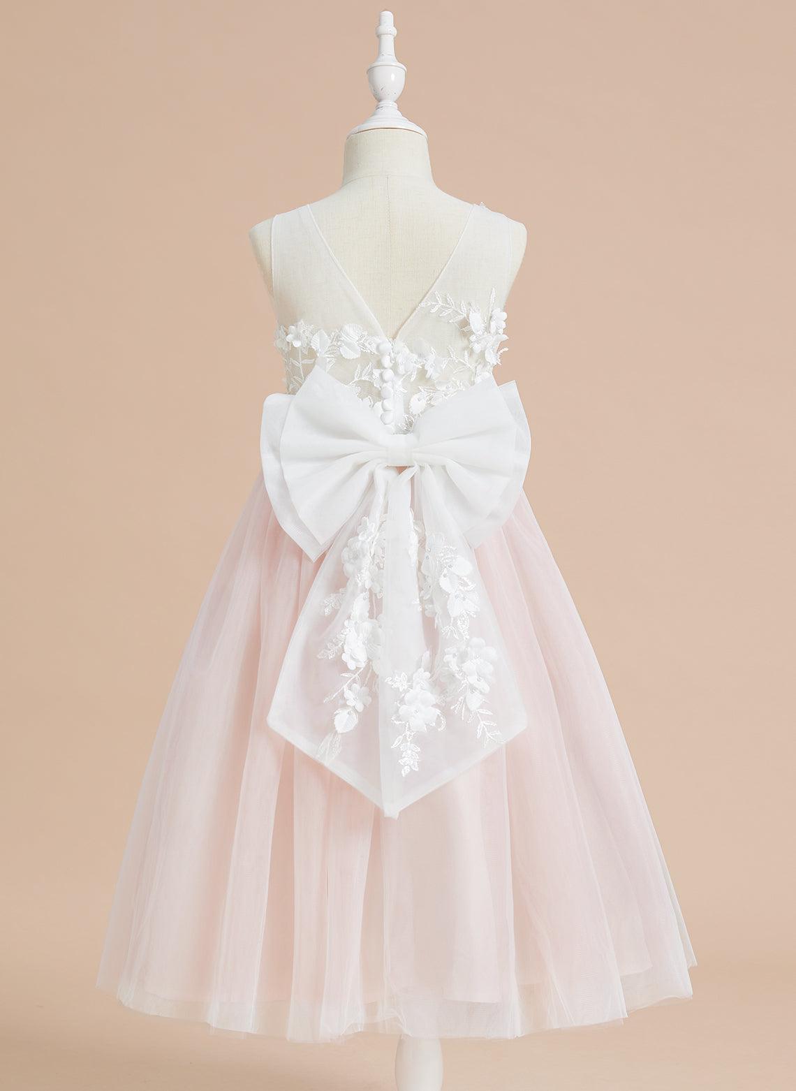 Vestido largo hasta la rodilla con encaje floral y lazo grande 