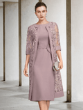 Vestido de dos piezas para madre de la novia, estilo columna/vestido estilo iglesia, talla grande, elegante, cuello joya, largo hasta la rodilla, de gasa, encaje, manga corta, chaqueta incluida, vestidos con faja/cinta, broche de cristal