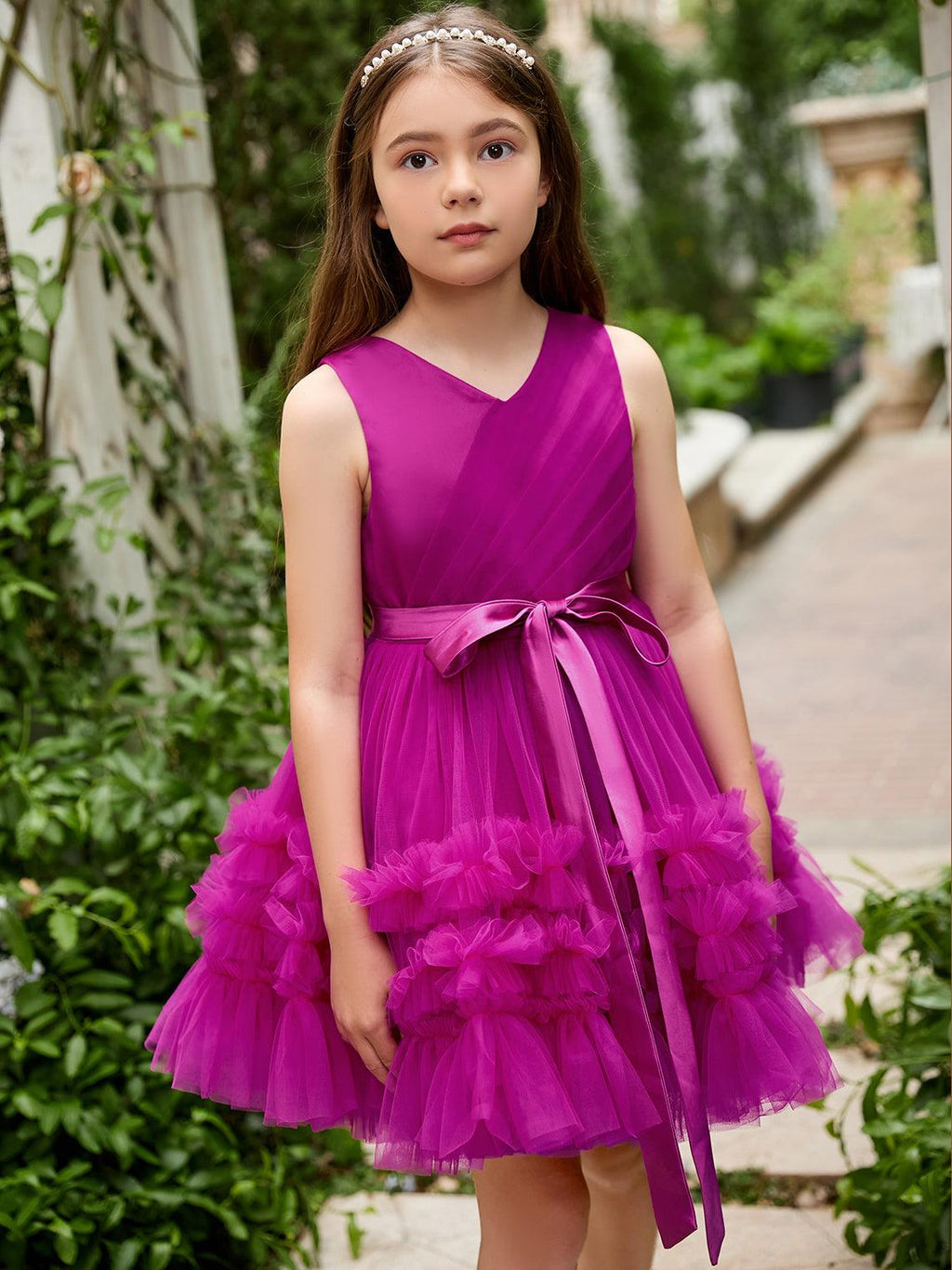 Vestido de niña de flores de tul fucsia sin mangas con volantes (010225236) 