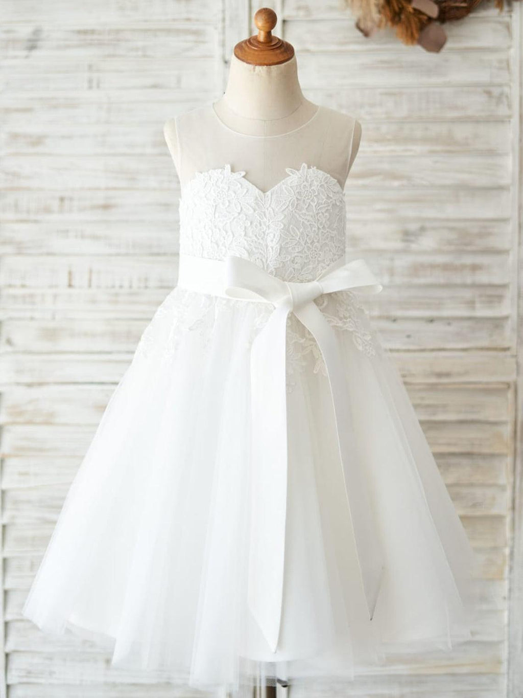 Vestido de niña de las flores de primera comunión de tul con encaje hasta la rodilla 