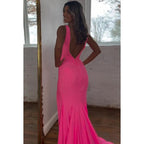 Vestido de noche formal de sirena, sencillo e informal, con escote en V, sin mangas, abertura lateral y espalda descubierta