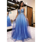 Vestido largo de noche de fiesta con escote en V, apliques, tirantes finos, tul con purpurina ombré 