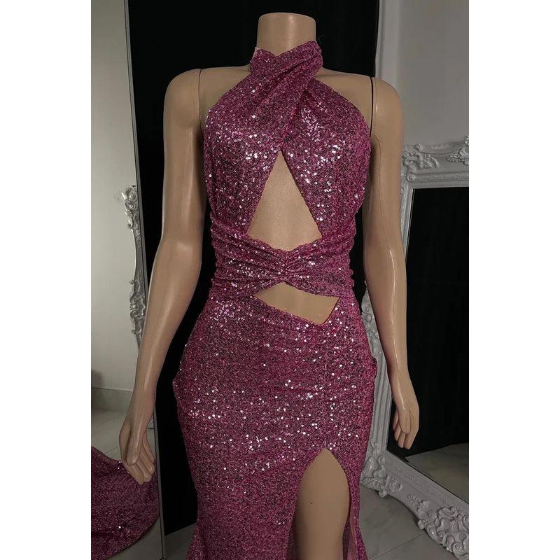 Vestido de fiesta de noche sexy de corte trompeta/sirena, sin mangas, con abertura y lentejuelas y espalda descubierta