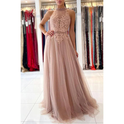 Unique High Neckline Lace Appliques Elegant Tulle Formal Evening Dress