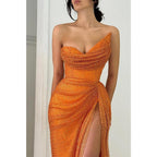 Vestido de fiesta de graduación asimétrico, ajustado, sin tirantes, plisado y con abertura lateral 