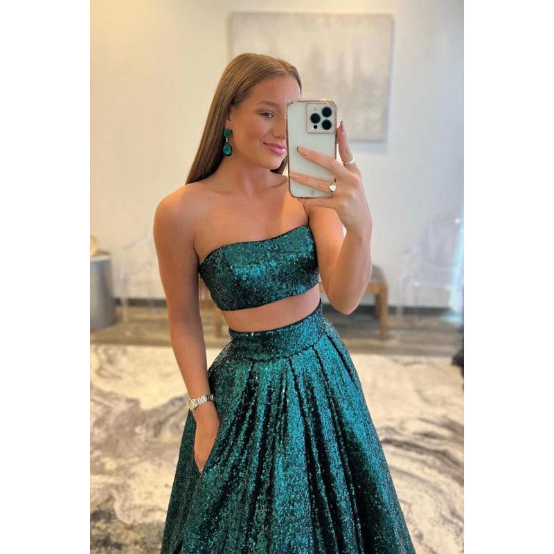 Vestido de fiesta largo de corte A con lentejuelas y sin tirantes
