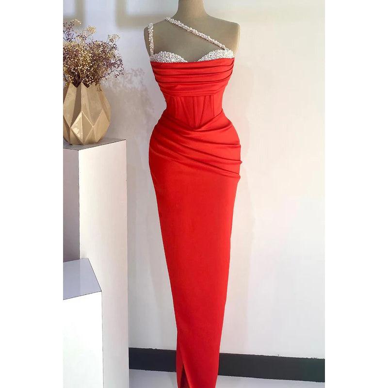 Vestido de fiesta formal con un hombro al descubierto, drapeado y cuentas, sexy y atractivo, con perlas