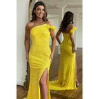 Vestido de fiesta brillante con lentejuelas y abertura lateral con tirantes desmontables