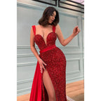 Vestidos de noche formales largos con escote en V pronunciado, lentejuelas brillantes y abertura