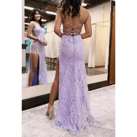 V-neck Spaghetti Straps Lace Applique with Side Slit Party Prom Evening Dress