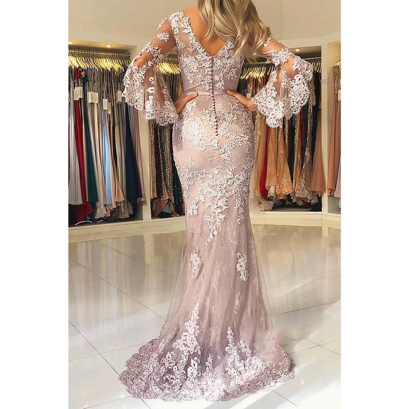 Vestido de noche formal largo estilo sirena/trompeta con mangas murciélago y apliques de tul 