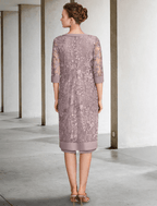 Vestido de dos piezas para madre de la novia, estilo columna/vestido estilo iglesia, talla grande, elegante, cuello joya, largo hasta la rodilla, de gasa, encaje, manga corta, chaqueta incluida, vestidos con faja/cinta, broche de cristal