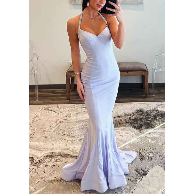 Vestido de noche para fiesta, graduación, con escote en V, cuello halter, pliegues de trompeta y cuentas 