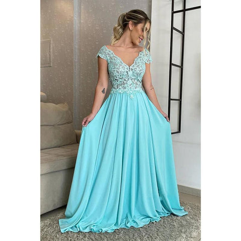 Sexy V-neck Lace A-line Long Formal Evening Dress Plus Size Mother of The Bride Dress