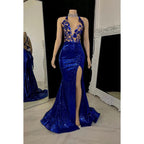 Hermoso y encantador vestido de fiesta de noche con lentejuelas, escote en V, sin mangas y corte sirena