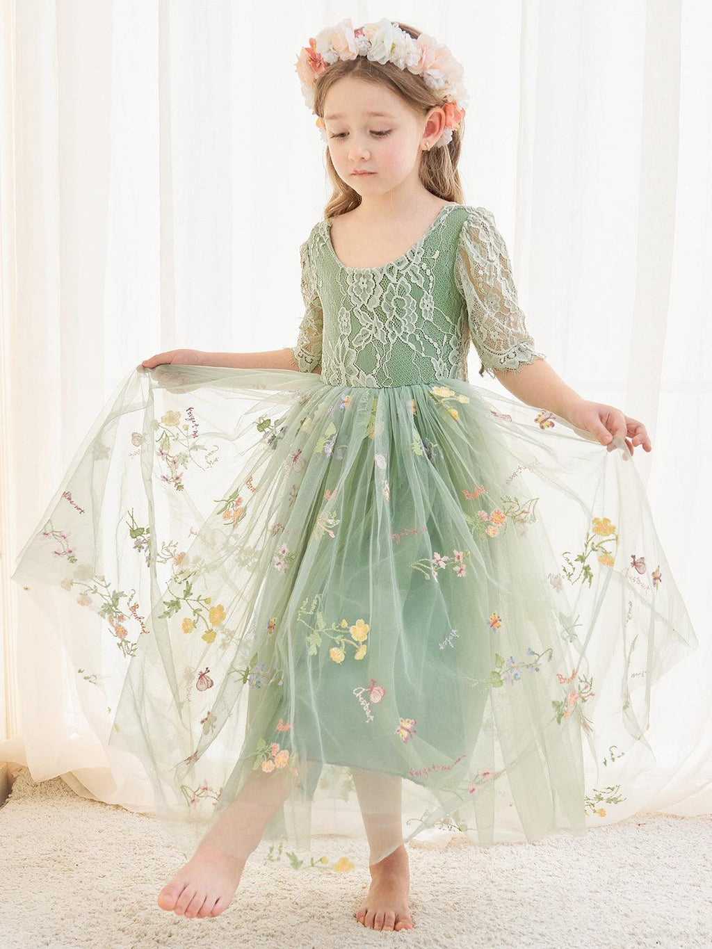 Sage Scoop Neck Cloth Surface and Tulle Flower Girl Dress