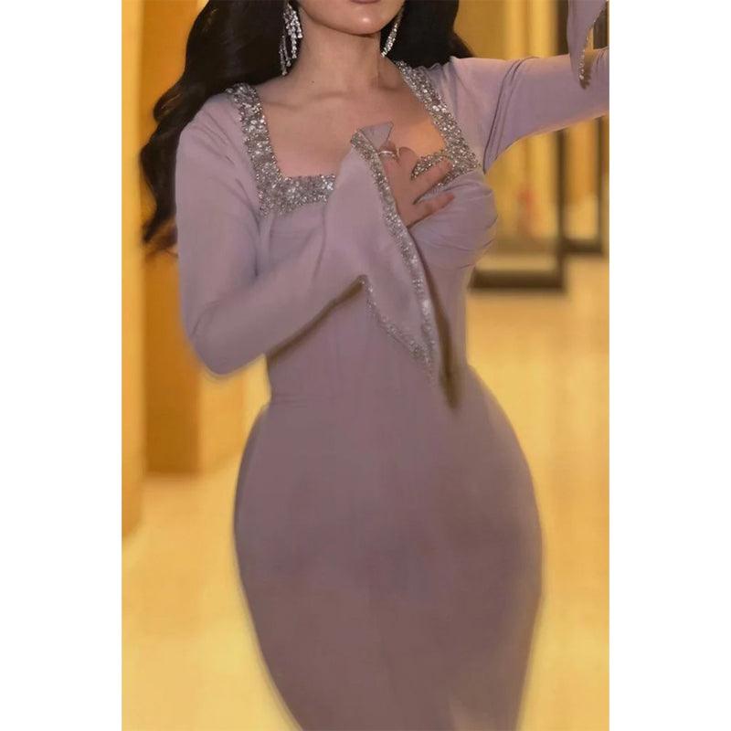 Sheath Square Beaded Lilac Long Sleeves Prom Dress Evening Gowns