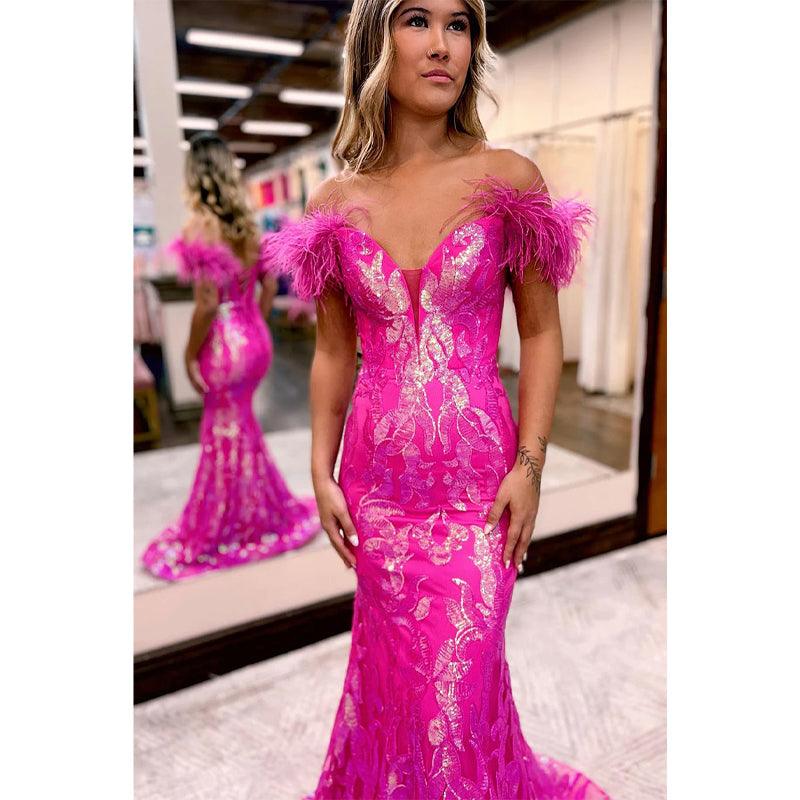 Vestido de fiesta de sirena con escote en V pronunciado y apliques de lentejuelas