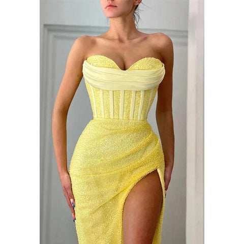 Sweetheart Strapless Beaded Sheath Long Prom Gown With Slit