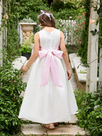 Vestido de fiesta para niña de las flores de satén color marfil con lazo | Vestido de tul hasta los tobillos (010007314) 