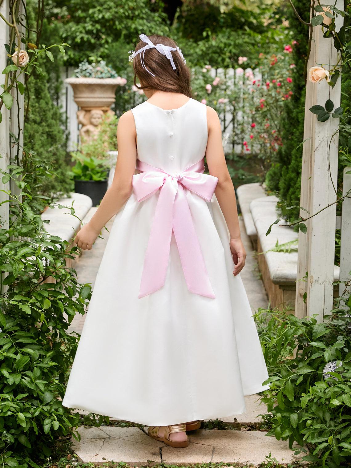 Vestido de fiesta para niña de las flores de satén color marfil con lazo | Vestido de tul hasta los tobillos (010007314) 