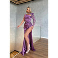 Elegantes, luxuriöses Party-Ballkleid mit hohem Halsausschnitt, einem Ärmel, Pailletten, gerüschtem Seitenschlitz