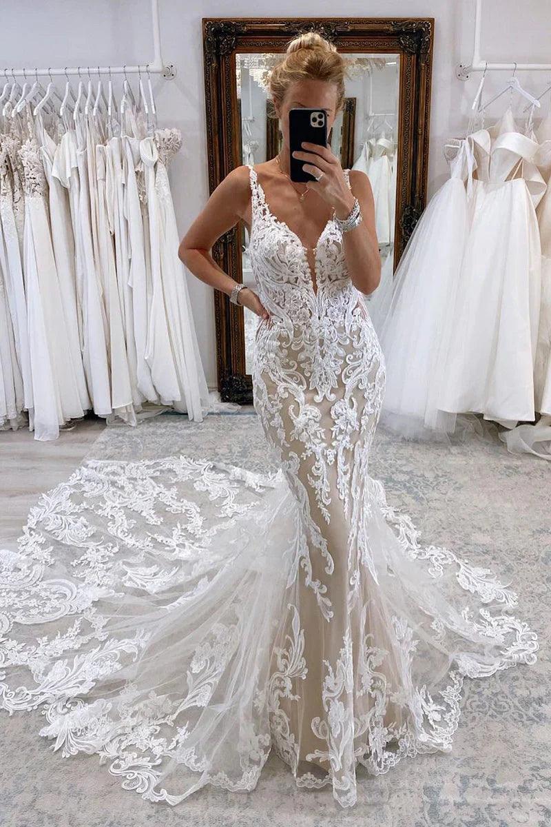 Vestidos de novia sirena escote en V tul encaje con cola