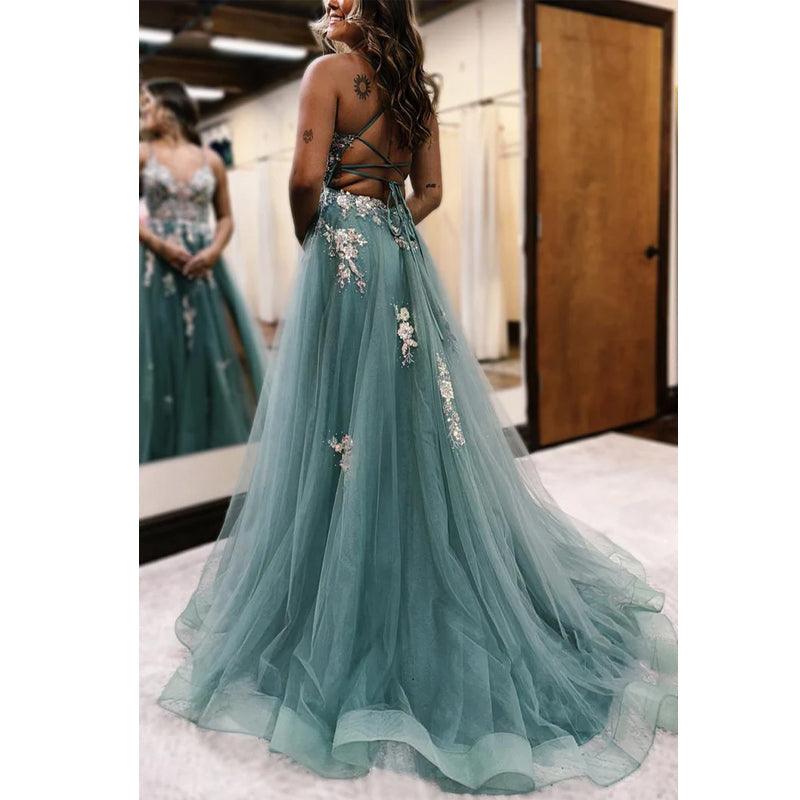 Vestido de noche para fiesta de graduación, corte en A, escote en forma de corazón, tirantes finos, apliques y abertura lateral 