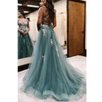 Vestido de noche para fiesta de graduación, corte en A, escote en forma de corazón, tirantes finos, apliques y abertura lateral 