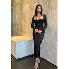 Vestido de noche largo de fiesta con escote cuadrado, mangas largas y encaje