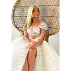 Vestido de fiesta largo de noche con escote cuadrado, mangas cortas, tul con cuentas y corte en A