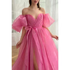 Vestido de noche de fiesta de graduación con escote en V, mangas abullonadas, corte A de tul y abertura lateral 