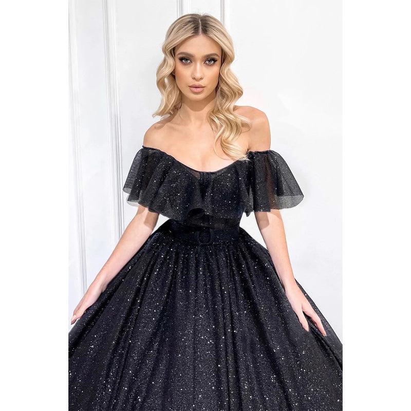 Vestido de fiesta negro brillante con hombros descubiertos único 