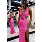 Vestido de fiesta con escote en V pronunciado, lentejuelas brillantes y abertura 