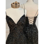 Vestido de fiesta sexy con escote en V y lentejuelas negras brillantes 