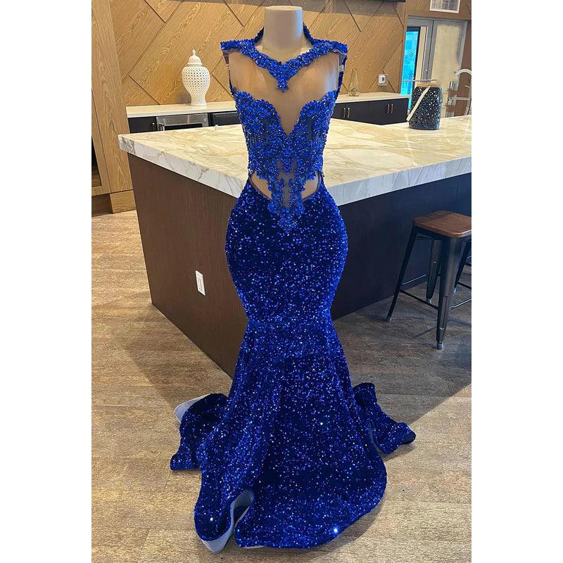 Glamouröses und dramatisches Abendkleid im Meerjungfrau-Stil mit V-Ausschnitt und ärmellosen Pailletten in Königsblau