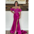 Trumpet/Mermaid Off-Shoulder Cap Sleeveles Side Slit Satin Formal Prom Dress