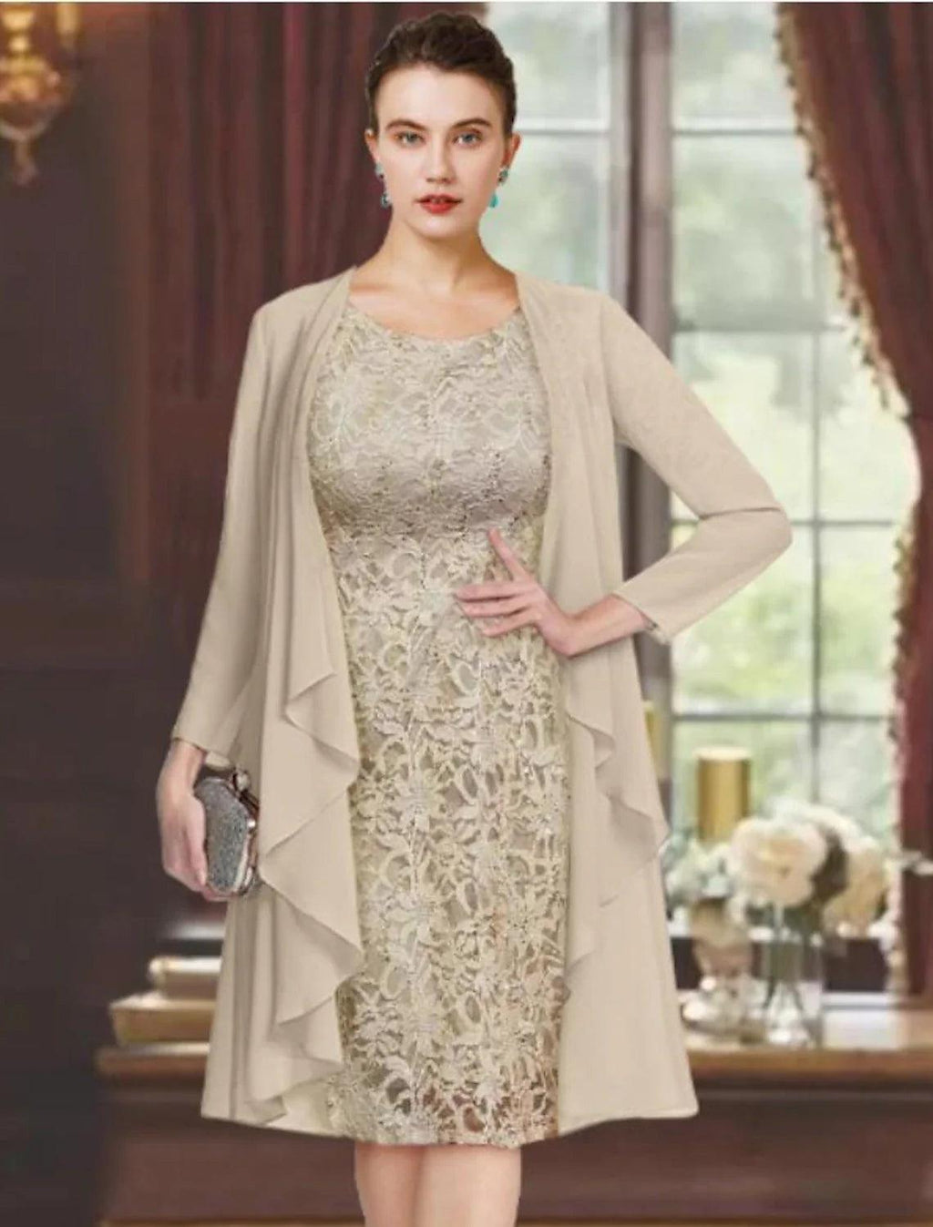 Vestido de dos piezas tipo tubo/columna para madre de la novia, elegante vestido formal para invitada de boda, escote redondo hasta la rodilla, de gasa, con encaje, manga corta, chaqueta, color liso