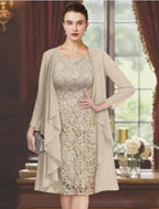 Vestido de dos piezas tipo tubo/columna para madre de la novia, elegante vestido formal para invitada de boda, escote redondo hasta la rodilla, de gasa, con encaje, manga corta, chaqueta, color liso
