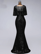 Vestidos de fiesta de sirena/trompeta, vestido brillante, para invitada de boda, largo hasta el suelo, media manga, cuello ilusión, lentejuelas con volantes de lentejuelas