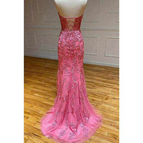 Sexy V-neck Lace Appliques Sheath/column Long Prom Dress